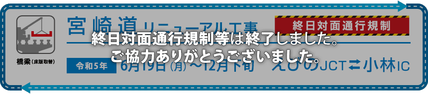 E10 宮崎自動車道 えびのJCT～小林IC 間で昼夜連続対面通行規制