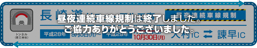 長崎自動車道　日岳トンネル付近（大村IC～諫早IC間）の昼夜連続車線規制を実施します